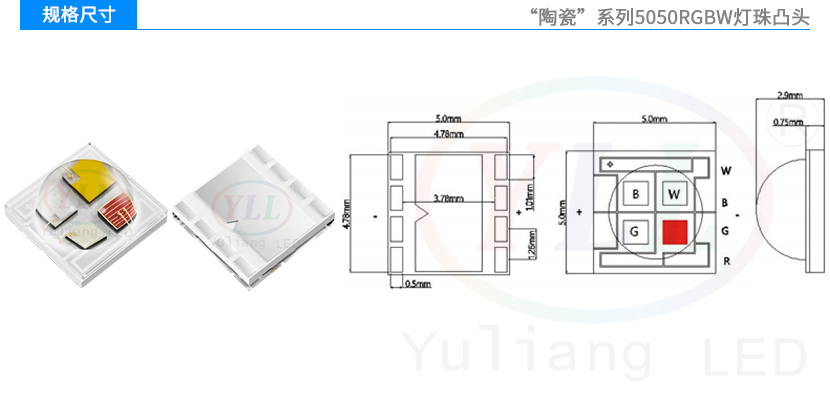 陶瓷5050RGBW燈珠凸頭規格尺寸
