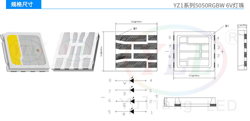 YZ1系列5050RGBW燈珠-6V規格尺寸
